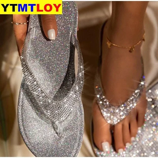 Women Flip Flop Slippers Slides Bling Rhinestone Ladies Shoes Casual Summer Flat Female Crystal Glitter Woman Plus Size 2020