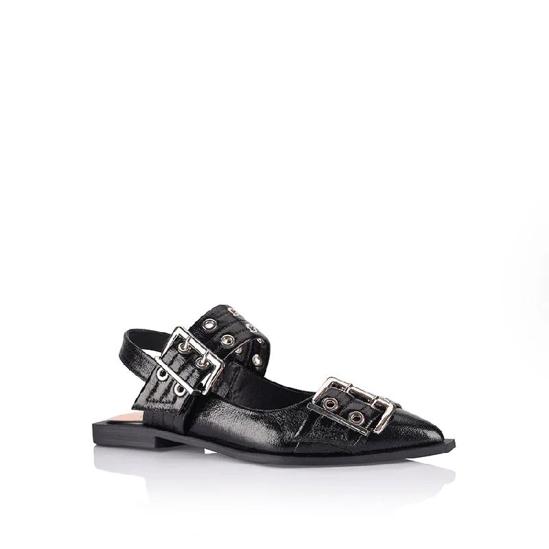 Clea Slingback Buckle Flats - Black Crinkle