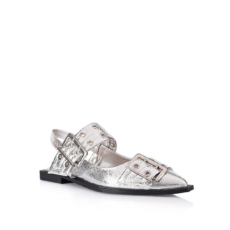 Clea Slingback Buckle Flats - Silver Crinkle