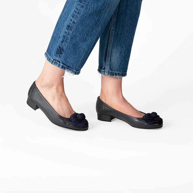 Fabucci Navy Leather Ballet Flat with Flower