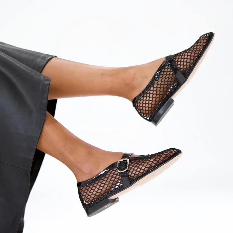 Walaia Black Mesh / Black Patent Ballet Flats