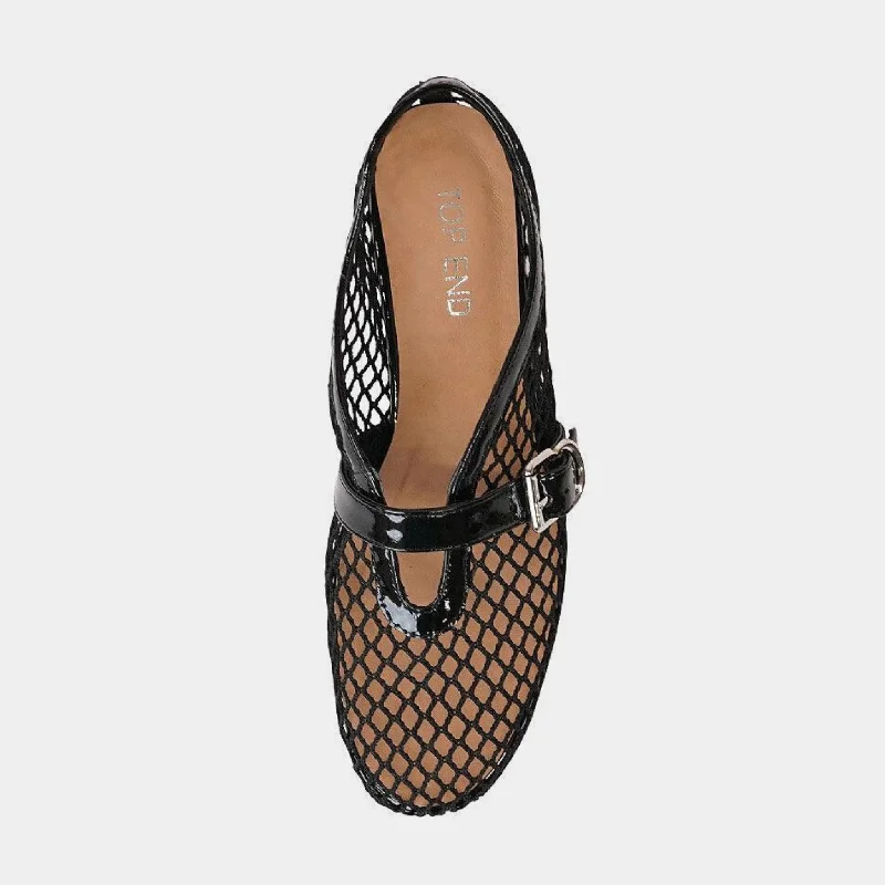 Walaia Black Mesh / Black Patent Ballet Flats