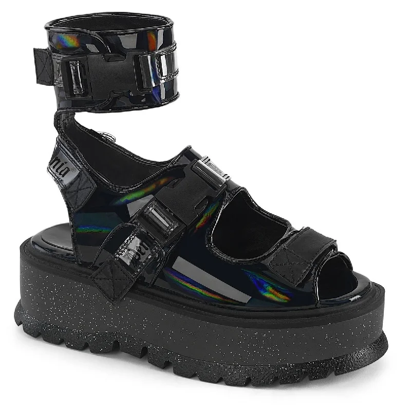 Demonia SLACKER-15B | Black Holographic Patent Leather Sandals