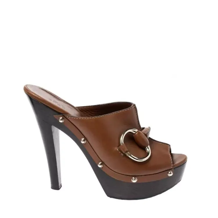 Gucci Horsebit Brown Leather Platform Peep Toe Clog Heels 39 UK 6