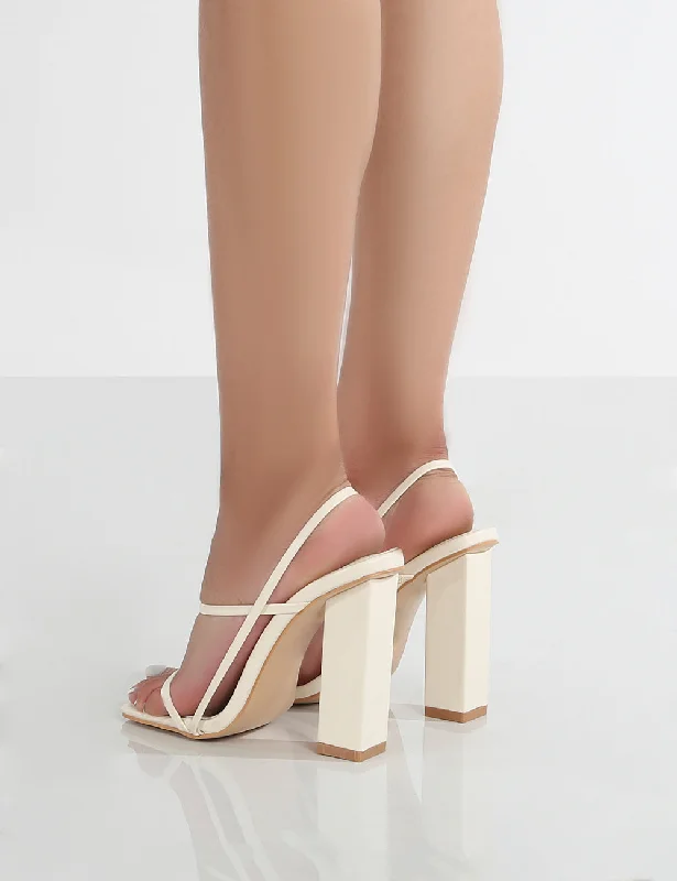 Halley Wide Fit Off White PU Strappy Block Heels