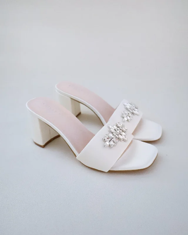 Satin Block Heels Slide Wedding Sandals with Asteria Brooch