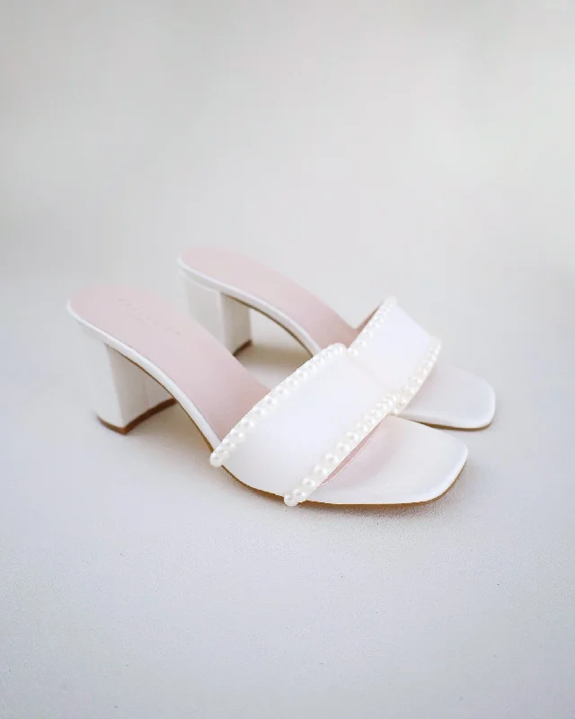 Satin Block Heels Slide Wedding Sandals with Pearls