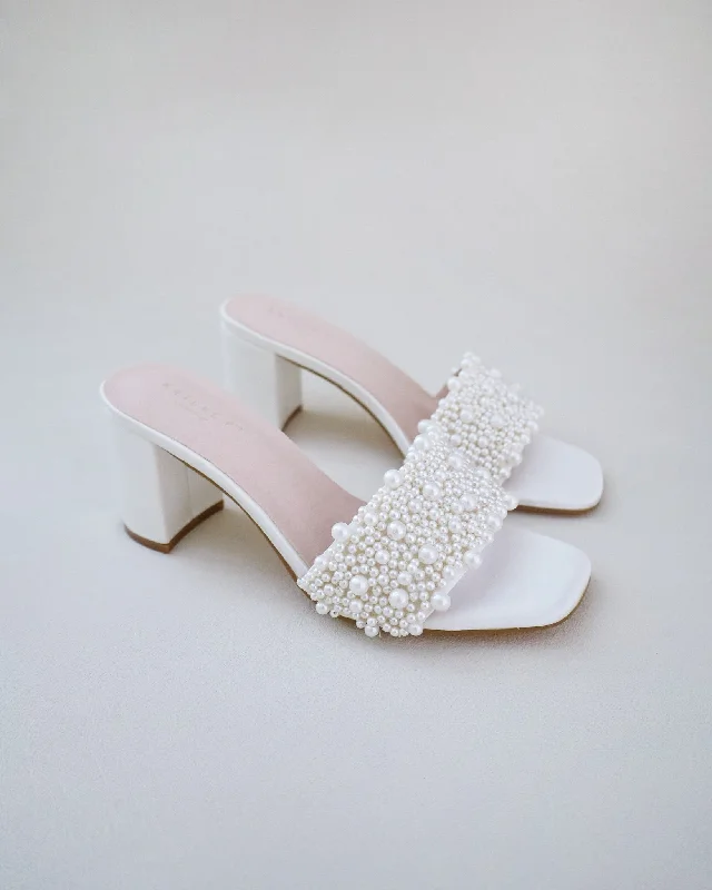 Satin Block Heels Slide Wedding Sandals with Perla Applique