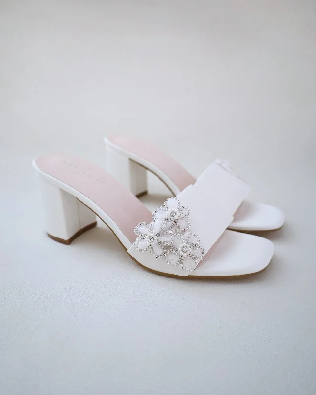 Satin Block Heels Slide Wedding Sandals with Rhinestones Chassia Flower