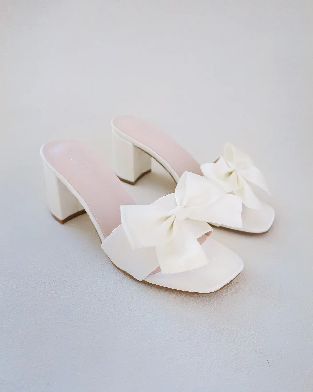 Satin Block Heels Slide Wedding Sandals with Satin Bow