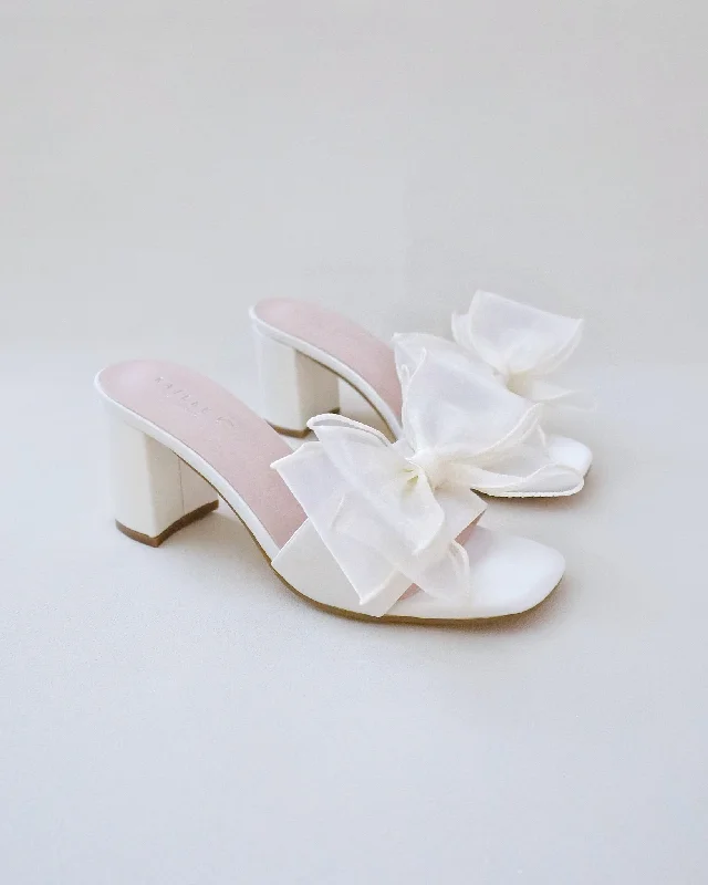 Satin Block Heels Wedding Slide Sandals with Layered Organza Bow