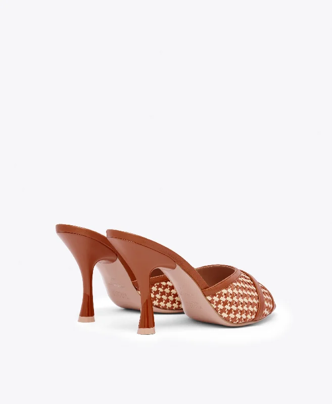 Julia 90 - Tan Raffia Leather Sandals with Curved Heel