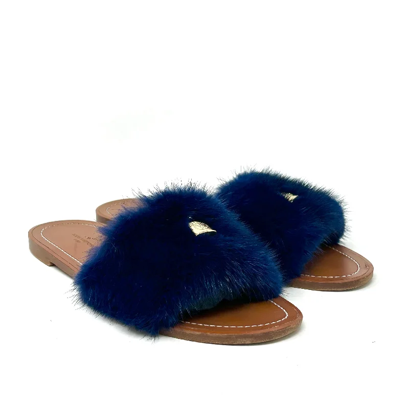 Louis Vuitton Lock It Brown Leather Dark Blue Mink Fur Slides Sandals 39 UK 6