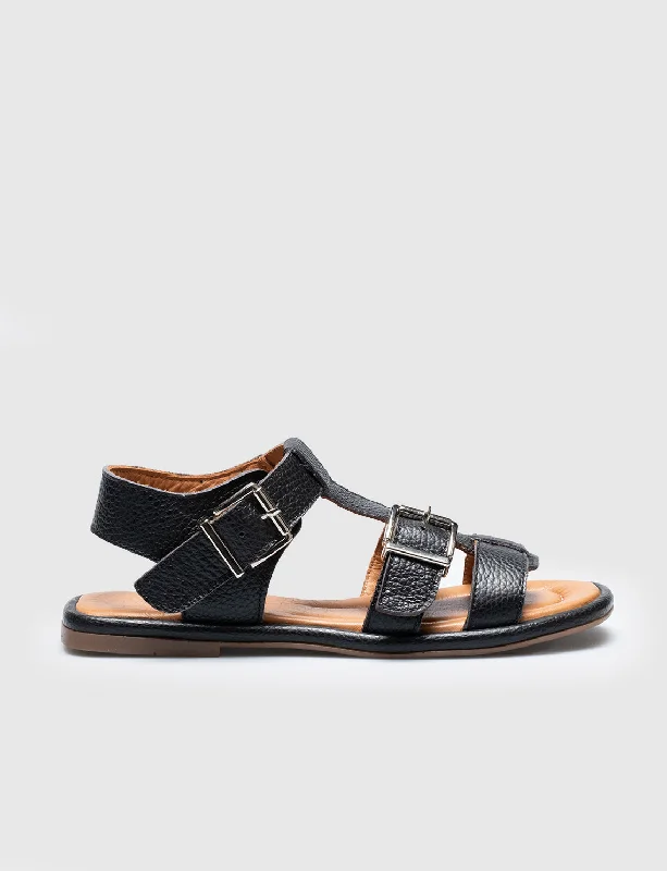 Men Black Genuine Leather Buckle Detail Sandals