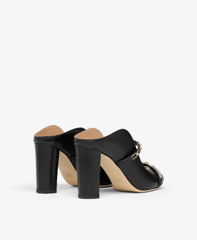 Norah 85 - Black Leather Heeled Sandals with Gold Chain Detail