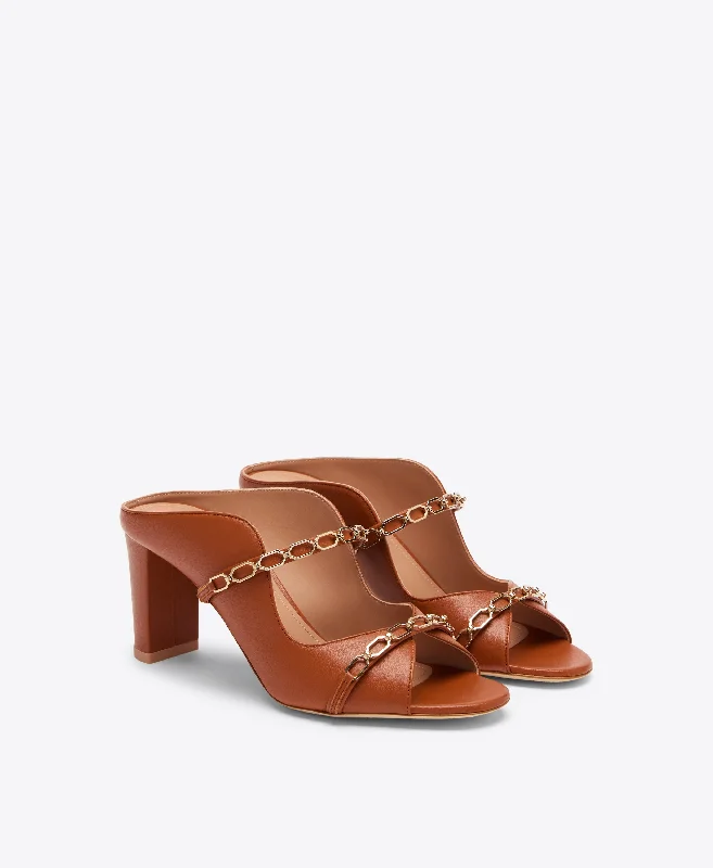 Norah 70 - Tan Leather Heeled Sandals with Chain Detail