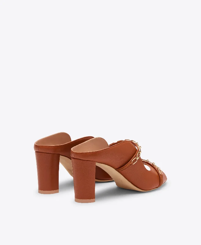 Norah 70 - Tan Leather Heeled Sandals with Chain Detail