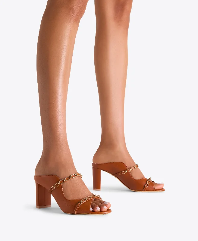 Norah 70 - Tan Leather Heeled Sandals with Chain Detail