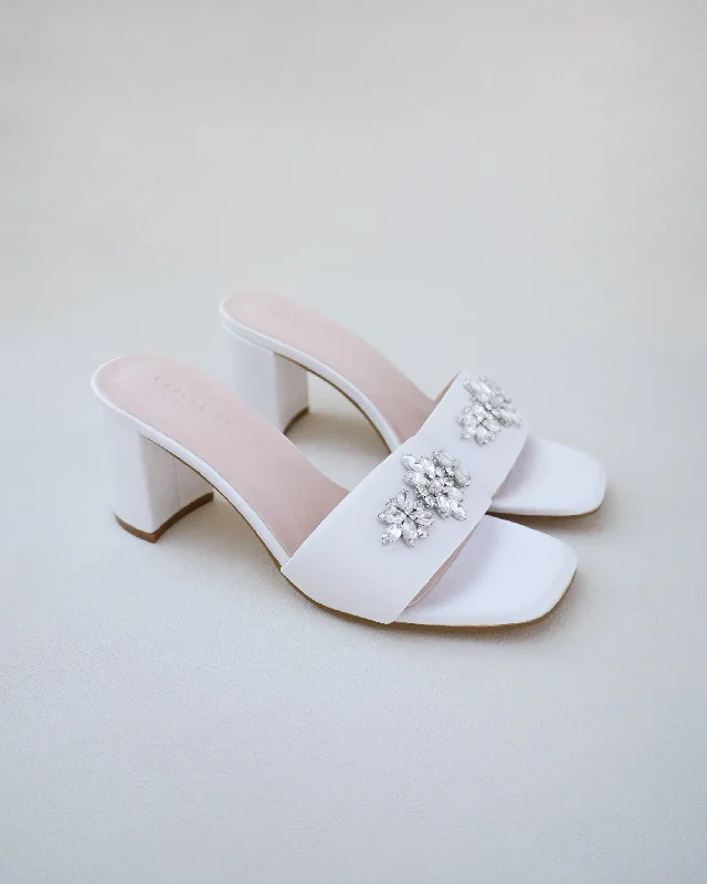 Satin Block Heels Slide Wedding Sandals with Asteria Brooch