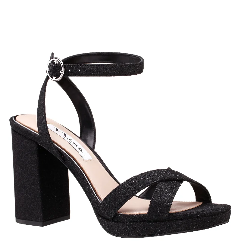 SHELIA-WOMEN's BLACK TEXTURED METALLIC HIGH-HEEL BLOCK SANDAL