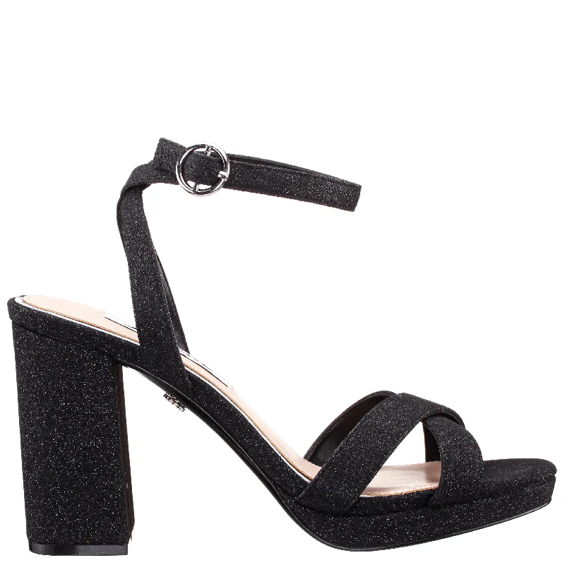 SHELIA-WOMEN's BLACK TEXTURED METALLIC HIGH-HEEL BLOCK SANDAL