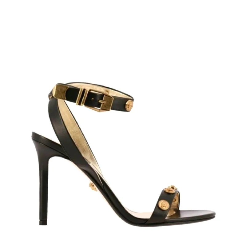 Versace Black Leather Medusa Medal Studded Heel Sandals 36 UK 3