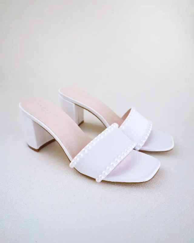 Satin Block Heels Slide Wedding Sandals with Pearls