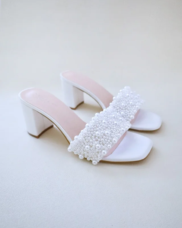 Satin Block Heels Slide Wedding Sandals with Perla Applique