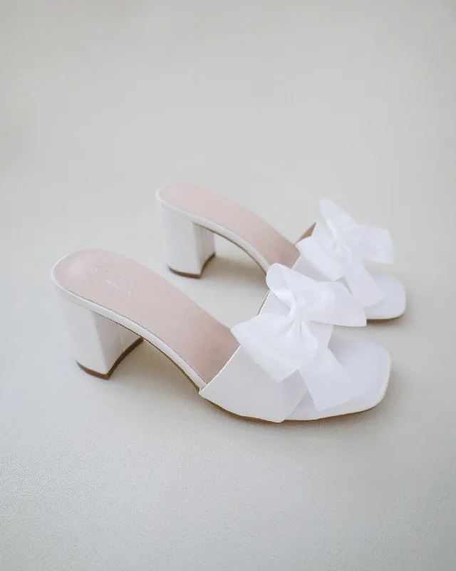 Satin Block Heels Slide Wedding Sandals with Satin Bow