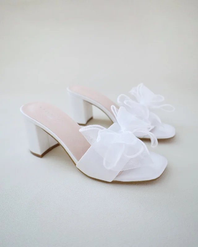 Satin Block Heels Wedding Slide Sandals with Layered Organza Bow