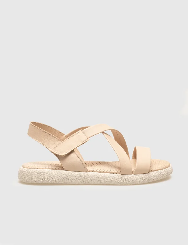 Women Beige Genuine Leather Strap Detail Sandals