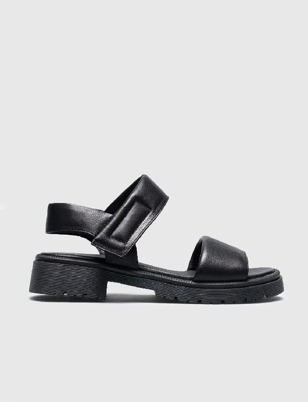 Women Black Genuine Leather Hook and Loop Sandals