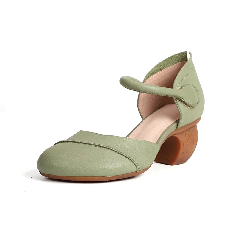 Handmade Leather Pumps Mid Heel Mary Jane Sandals Ankle Strap in Green/Coffee/Apricot