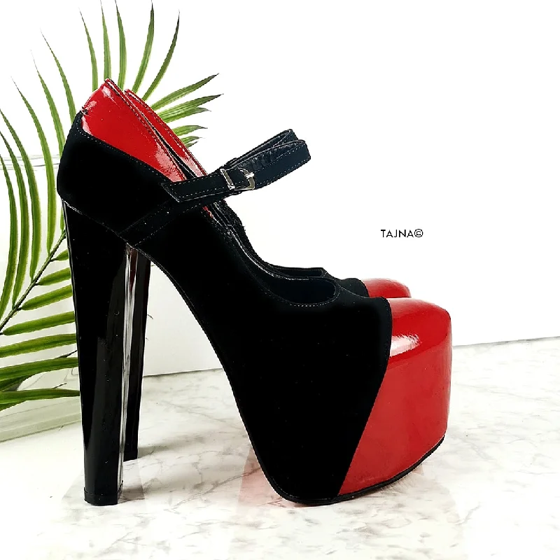 Red Gloss Black Suede Mary Jane Heels