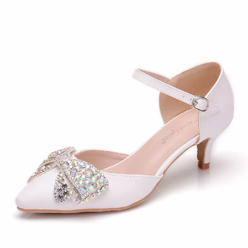 Women Bow Tie Rhinestone Pointed Toe Mary Janes Wedding Sandals