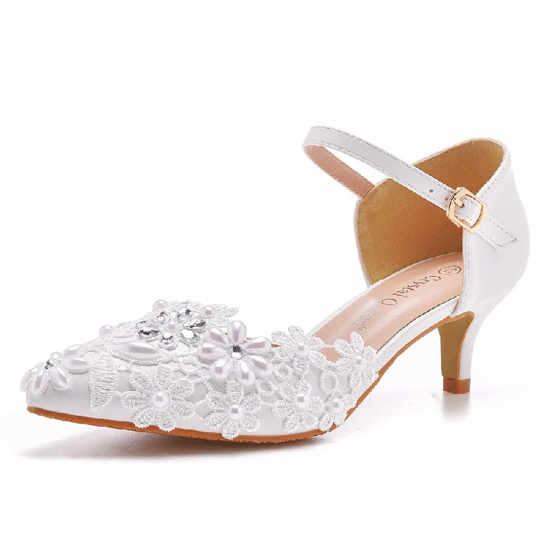 Women Pointed Toe Lace Beads Mary Janes Wedding Sandals