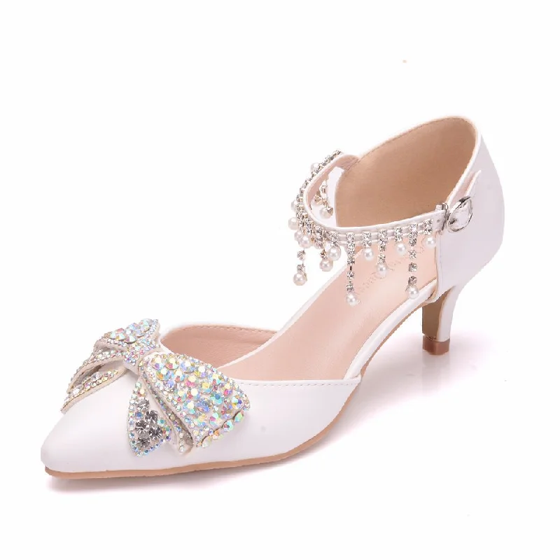 Women Rhinestone Bow Tie Middle Heel Pointed Toe Mary Janes Wedding Sandals