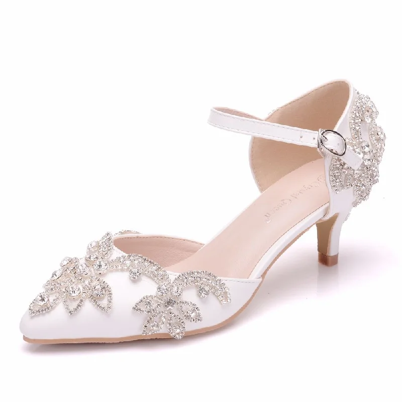 Women Rhinestone Middle Heel Pointed Toe Mary Janes Wedding Sandals