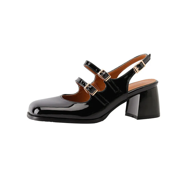 Women's Square Toe Mary Janes Slingbacks Block Heel Sandals