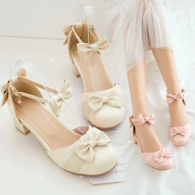 Women Double Bow Tie Mary Jane Mid Heels Sandals