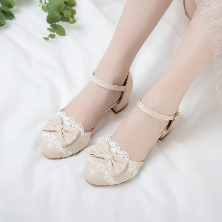 Women Lace Bow Tie Mary Jane Mid Heels Sandals